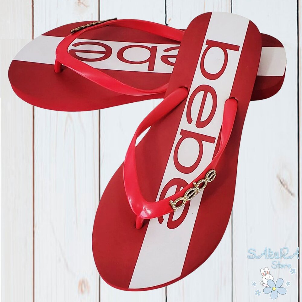 NWT BEBE AUTHENTIC TIERLA WOMEN'S WHITE RED THONG SLIP ON FLIP FLOPS SANDALS